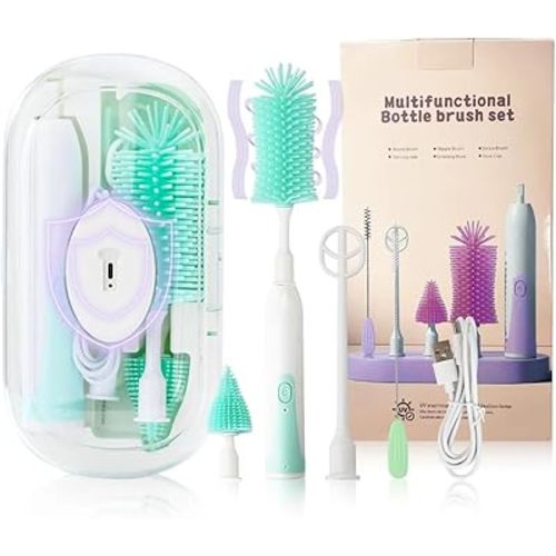 Electric Bottle Brush,Electric Baby Bottle Brush Set with Silicone Bottle/Pacifier/Straw Brush and Mixing Head, Water Bottle Cleaner Brush with Drying Rack, 2 Modes & 360° Rotation (Green)