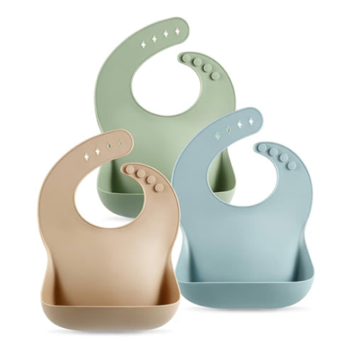 PandaEar Set of 3 Silicone Baby Bibs Waterproof, Soft, Unisex, 10-72 Months (Brown/Blue/Green)