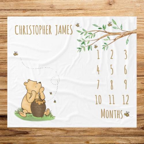 Classic Winnie Bear Baby Milestone Blanket, Personalized Month Growth Blankets Boy Girl Custom Name Throw, Novelty Baby Shower Gift