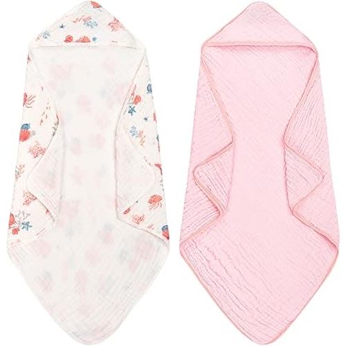 FUNUPUP Hooded Baby Towels 2 Pack Muslin Baby Bath Towels with Hood Baby Towels for Newborn, Infant, Toddler, Large 32x32 Inch Soft and Absorbent Baby Bath Essentials(Pink)