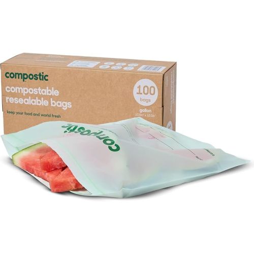Home Compostable Resealable Gallon Bags (10.5"x10.5"), Microwave & Freezer Safe, Organic Food Storage Container, 100 Count (Pack of 1)