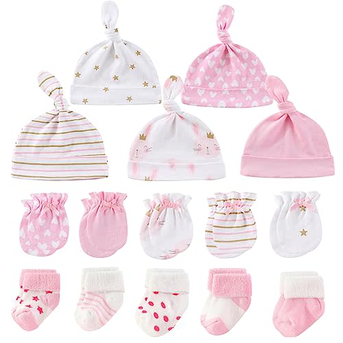 MAMIMAKA Newborn Baby Boy Girl Caps Mittens Socks Set Cotton Baby Essentials Accessories (Hats+Gloves+Socks)