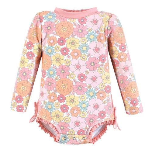 Hudson Baby Girls Rashguard Baby Swimsuit, Peace Love Flowers, 3-6 Months