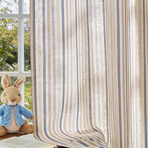 Vangao Linen Stripe Nursery Curtains for Kids Tickingstripe Light Filtering Window Curtains Colorful Pinstripe Printed Drapes 84 Inches Long for Living Room Girls Bedroom Colorful Blue 2 Panels