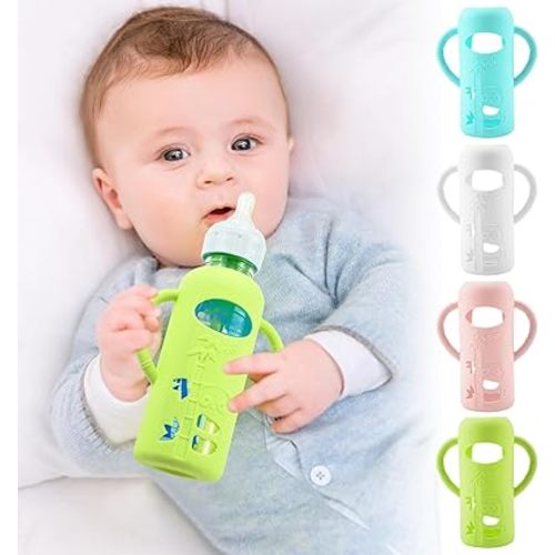 4 Pack Silicone Sleeves for Dr. Brown's Glass Baby Bottles, Anti Breakage Durable Baby Bottle Holder with Easy Grip Handles, Narrow Sleeve with a Cutout, Dishwasher/Freezer/Microwave Safe, 8 oz