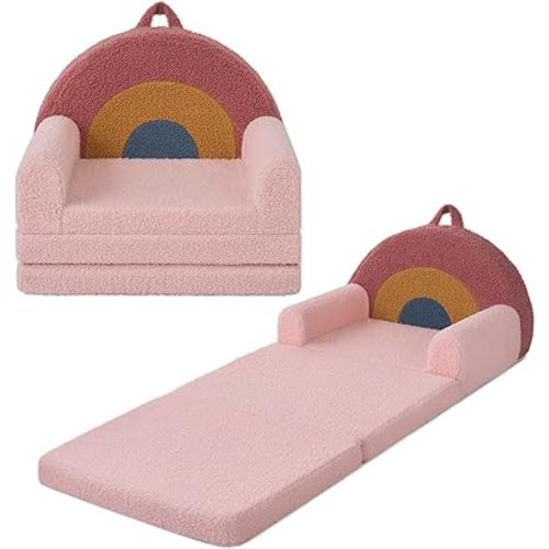 Blissful Diary Foldable Toddler Couch, 2-in-1 Comfy Toddler Chair & Lounger for Reading, Nap, Playroom, Kids Couch Sofa for 1 2 3+ Year Old Girls Boys Birthday Gift, Blush Pink Rainbow