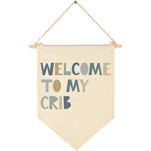 Boys Nursery Gift-Welcome to My Crib- Canvas Hanging Pennant Flag Banner Wall Sign Decor Gift for Nursery Baby Kids Boy Newborn Nephew Teen Bedroom Playroom Front Door- Birthday Christmas Gift