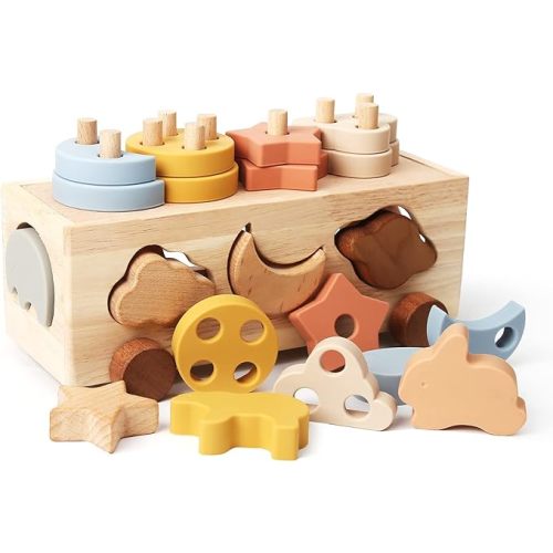 Shape Sorter Toys for Toddlers 1-3 Montessori Stack Toy Car for 1 Year OldBaby Blocks Sorting Wooden&Silicone Educational Car Stacking Toys Montessori Toy1 2 3 Year Old Girls Boys Gifts - Rabbit