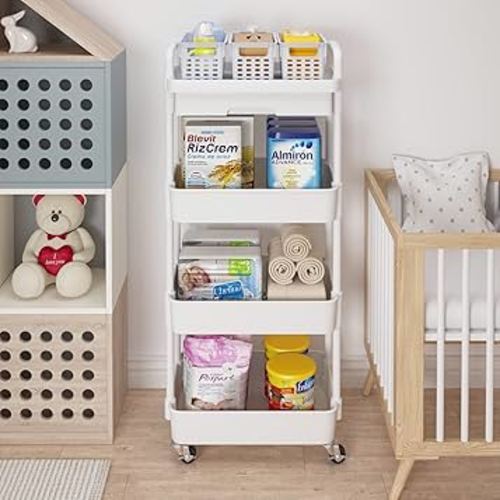 Amazon.com: Calmootey 4-Tier Rolling Utility Cart with Drawer,Multifunctional Storage Organizer with Plastic Shelf & Metal Wheel,Storage Cart for Kitchen,Bathroom,Living Room,Office,White : Office Products