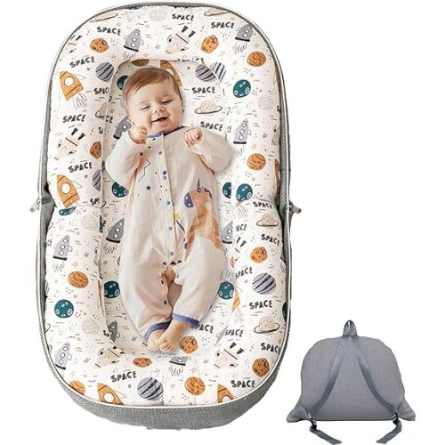 Baby Lounger, Foldable Infant Nest Pillow with Soft Memory Foam Mat, Cover with Adorable Pattern, Converts to Backpack for Easy Travel, 0-12 Months, Rocket