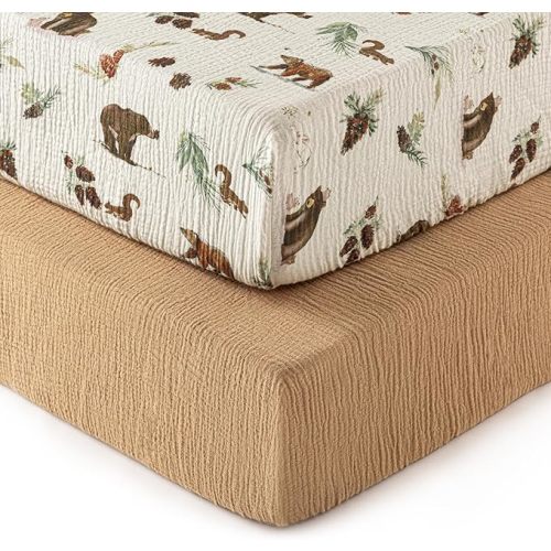 david's kids Muslin Crib Sheets for Boys, 2 Pack 100% Cotton Soft Breathable Fitted Baby Sheet Set, Standard 52"x28" Crib and Toddler Mattress, Woodland Animal