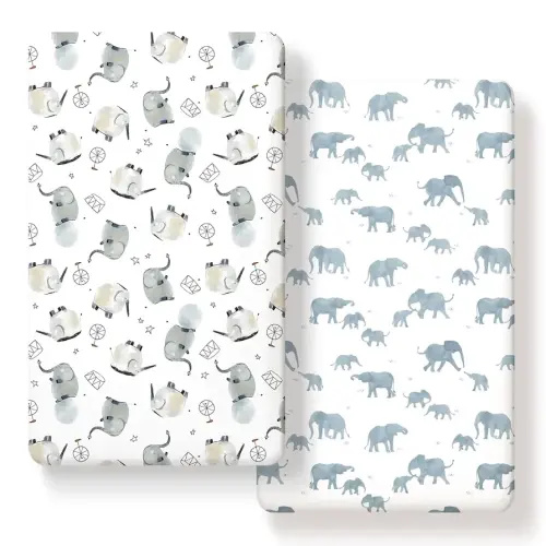 GRSSDER Stretchy Ultra Soft Jersey Knit Fitted Crib Sheets Set 2 Pack,Universal Fit All Standard Crib Mattress Pads Safe and Snug, Stylish Crib Fitted Sheet for Boys and Girls, Cute Elephant