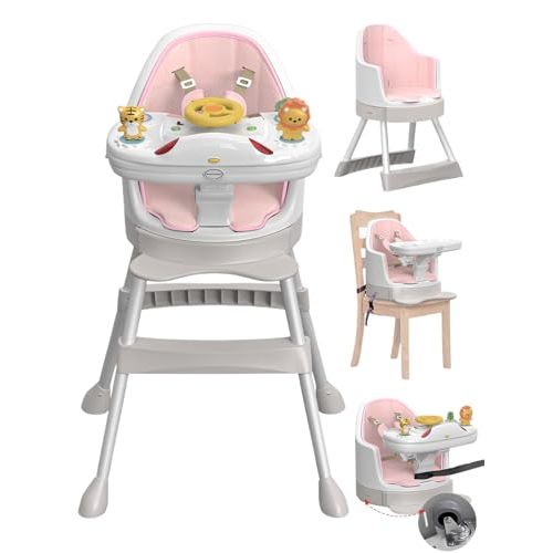 High Chair with Foldable Baffle, Easy to Put Baby in,Music & Lights Baby High Chair with Wheels and a Traction Rope,Baby Floor Seat with 5- Point Seat Belt & Footrest,MAX 80 LBS(Pink)