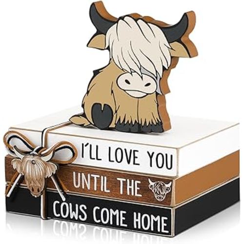 4 Pieces Highland Cow Tiered Tray Decor Mini Wood Book Stacks Table Decorations Highland Cow Wooden Book Rustic Farmhouse Highland Cow Table Sign for Home Room Table Mantle Fireplace Shelf