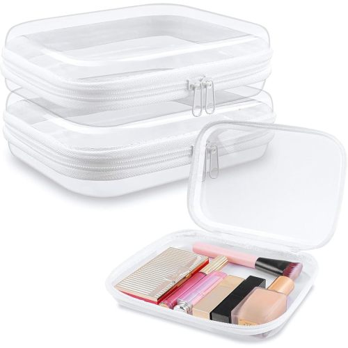Clear Hard Shell Zipper Case 3 PCS Clear Cosmetic Make up Bag Waterproof Travel Toiletry Bag for Women, Hard Plastic Zipper Pouches Portable Travel Storage Organizer Bins (White, 8"x6"x2")