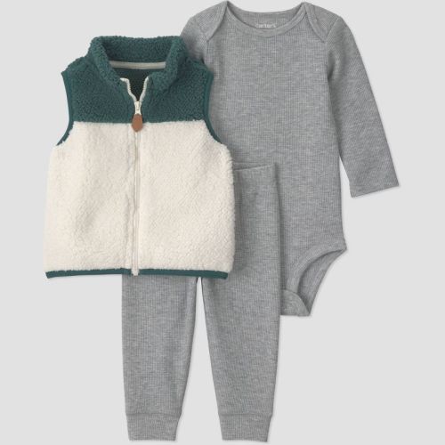 Carter's Just One You® Baby Boys' Cozy 3pc Long Sleeve Bodysuit, Pants and Vest Set - Green/Gray 9M