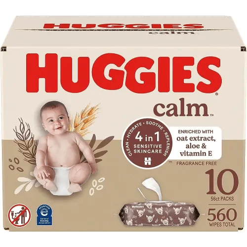 Huggies Calm Baby Diaper Wipes, Unscented, Hypoallergenic, 10 Push Button Packs (560 Wipes Total)