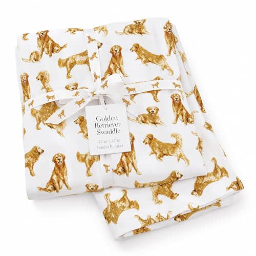 Mud Pie Golden Retriever Muslin Swaddle Blanket, Cotton Baby Receiving Blanket with Dog Print