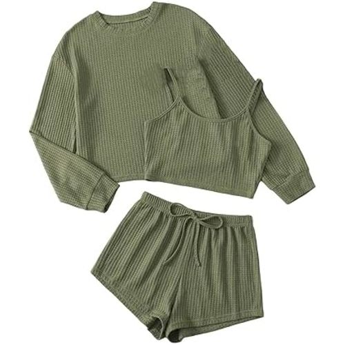 COZYEASE Women's 3 Piece Lounge Sets Ribbed Knit Cami Top Long Sleeve Tee Shirts and Shorts Pajama Sets