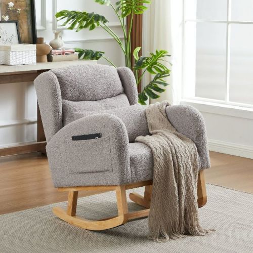Modern Lounge Rocker Recliner,Gray Fabric Rocking Chair With Pockets,Comfy Accent Arm Chair With Solid Wood Legs,Leisure Chairs-Cuddlewood