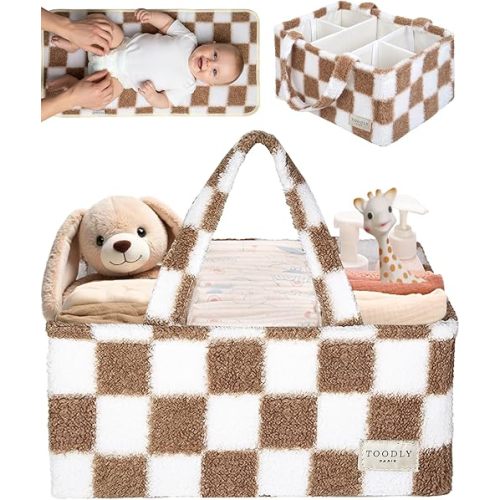 Toodly Checkered Diaper Caddy Organizer with Portable Changing Mat - Teddy Fleece Diaper Organizer for Changing Table - Caddy Organizer with Removable Dividers - Light Taupe and White