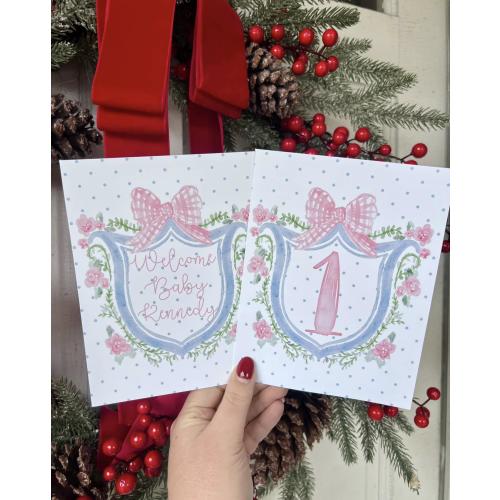 Personalized Monthly Milestone cards Bundle  Grandmillenial  Baby shower pink crest with bow Gift Chinoiserie Newborn Baby Photo
