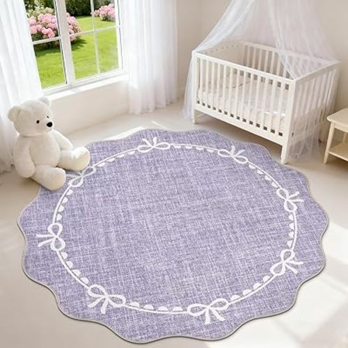 GarveeHome Scalloped Bow Rug for Living Room, 5ft Round Rugs Washable Solid Purple Rug for Dorm Soft Low Pile Non Slip Scalloped Rugs for Nursery Bedroom Decor Hallway Kids Room Playroom