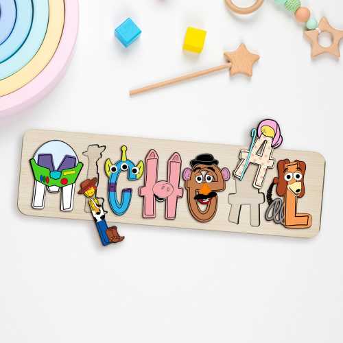 Wooden Name Puzzle Toys Story Theme, Xmas Gift for Kid, Puzzle for Toddler, Montessori, 1st Birthday, Baby Shower Kids, Cartoon Name Puzzle