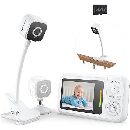 Baby Monitor with Camera and Audio, Baby Monitor No Wifi with Clip for Crib & Stand, Portable 2.8’’ HD Wireless Monitor 1080P Video, NightVision, VOX, 2-Way Audio, 32GB, Temp Sensor & Lullabies