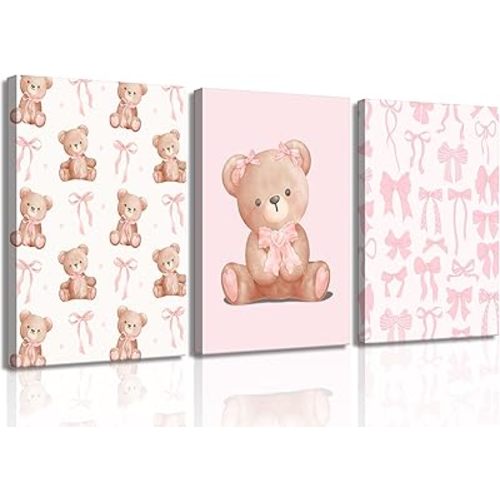 3Pcs Pink Teddy Bear Canvas Wall Art Coquette Bow Wall Decor Pictures Cute Animal Nursery Posters Prints for Baby Girls Room Bedroom Home Decorations