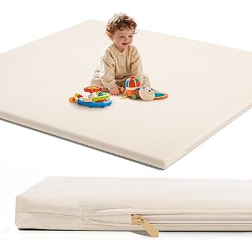 Padded Baby Play Mat for Floor: 50x50 Extra Thicker Cushioned Non-Toxic Vegan Leather Waterproof Infant Playmat for Babies Toddlers Kids Crawling Sit Play - Fits 47x47and 50x50 Playpen Yard Beige