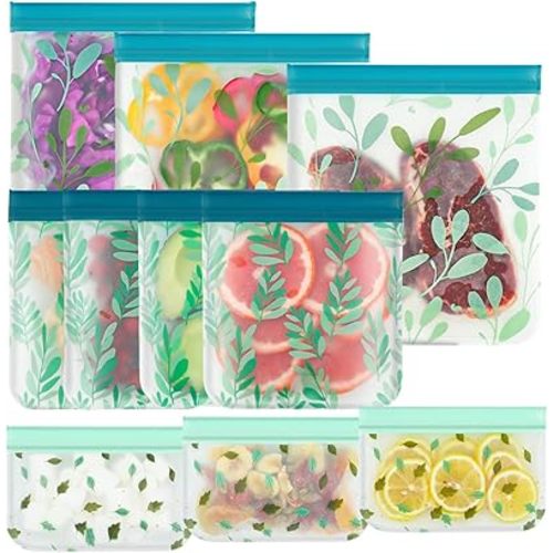 10 Pack Dishwasher Safe Reusable Food Storage Bags,Leakproof Reusable Freezer Bags(3 Reusable Gallon Bags,4 Reusable Sandwich Bags,3 Reusable Kids Snack Bags) for Snack Meat Food Fruit Cereal-BPA FREE