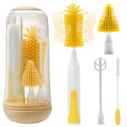 Electric Bottle Brush Cleaner, Portable Electric Baby Bottle Brush for Travel, Waterproof Electric Bottle Cleaner Set with Nipple & Straw Brush, Baby Bottle Brush Electric with Drying Rack, Yellow