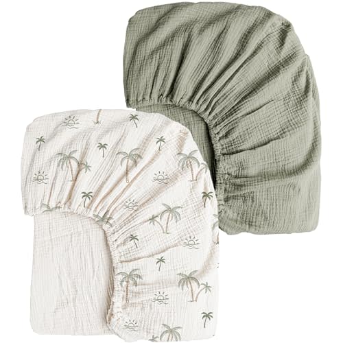 Konssy Muslin Crib Sheets 2 PCS 100% Cotton Baby Crib Sheets for Standard Crib Mattress (28"x 52"), Soft and Breathable for Boys, Girls (Tree,Fog Green)