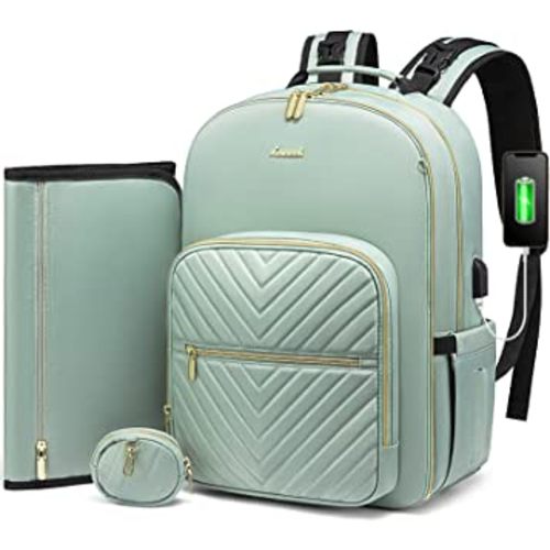LOVEVOOK Diaper Bag Backpack, Quilted Baby Bag with Changing Pad & Pacifier Holder, Waterproof Travel Diaper Bags with USB Charging Port for Baby Boys Girls, Stylish and Large Capacity, Mint Green