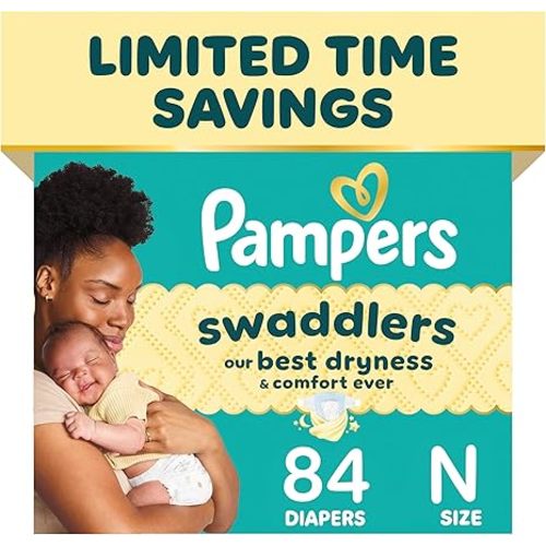Pampers Swaddlers Diapers, Size 0 (up to 10 lbs), 84 Count, Hypoallergenic, Absorbent, Keeps Baby Dry and Comfortable, Skin Safe Disposable Newborn Baby Diaper