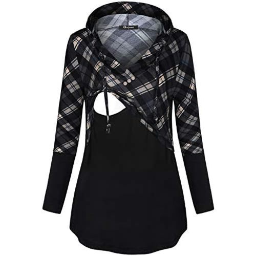 Quinee Women's Long Sleeve Plaid Colorblock Nursing Pullover Hoodie Sweatshirts