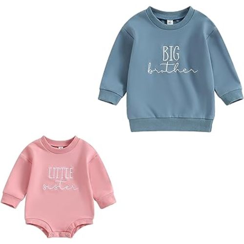 Big Brother Little Sister Matching Outfits Baby Solid Color Long Sleeve Sweatshirt Romper Fall Winter Clothes