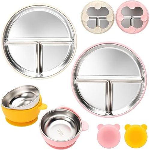 Stainless Steel Kids Plates and Bowls with Suction, Divided Baby Plate and Toddler Bowl with Removable Silicone Suction, Non-Slip Baby Feeding Set Dishwasher Safe, 4 Packs