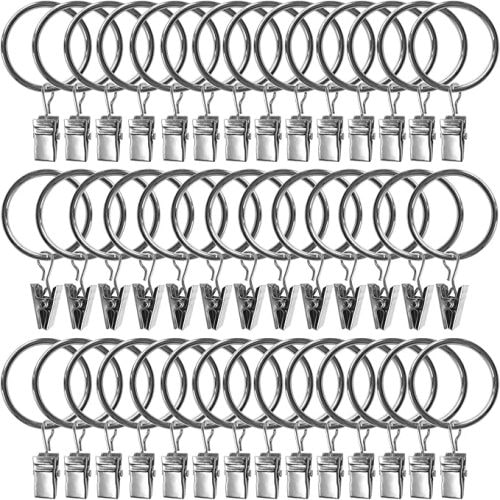 40 Pack Curtain Rings with Clips, Drapery Clips with Rings, Drapes Rings 1.26 in Interior Diameter, Fits up to 1 Inch Curtain Rod, Silver