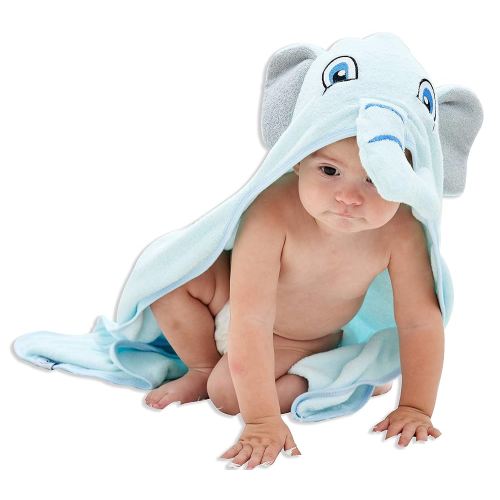 HIPHOP PANDA Hooded Towel - Rayon Made from Bamboo, Bath Towel with Bear Ears for Newborn, Babie, Toddler, Infant - Absorbent Large Baby Towel - Blue Elephant, 30 x 30 Inch