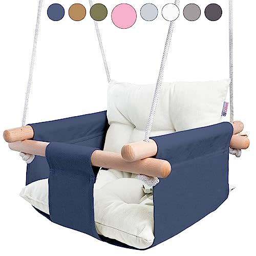 CaTeam Canvas Baby Swing Seat with 5-Point Safety Belt — Wooden Hanging Toddler Swing, Indoor & Outdoor, Ages 1-4, Ceiling Mount Hardware Included, Blue