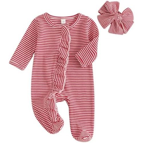 SAYOO Newborn Baby Girls Boys Footed One-Piece Romper Waffle Knit Zipper Jumpsuit with Mitten Cuffs Fall Coming Home Outfit