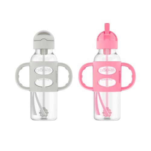 Dr. Brown's 8oz Milestones Narrow Sippy Straw Bottle With Silicone Handles - 2pk - 6m+ - Green & Gray