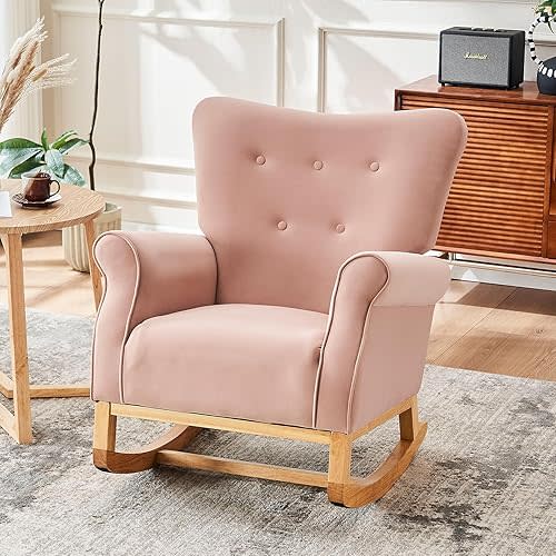 Nursery Rocking Chairs, Upholstered Velvet Nursery Glider Rocker with Comfy Armrest, Accent Nursing Rocking Chair with Solid Wood Legs for Baby Nursery (Pink)