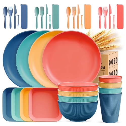 TINANA Wheat Straw Dinnerware Set, 36 PCS Unbreakable Plates Bowls Cups, Microwave Dishwasher Safe