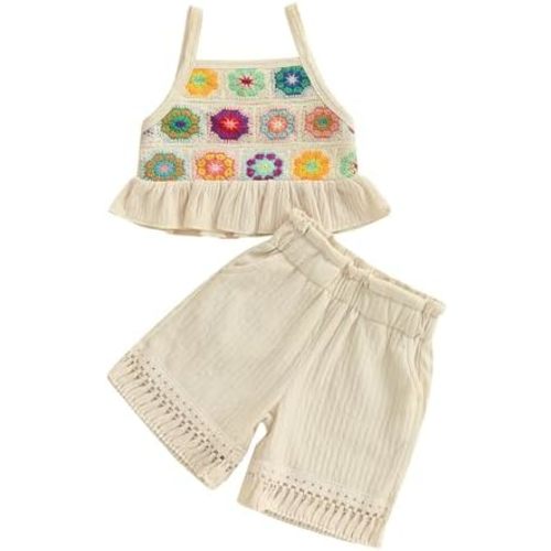 Baby Girl Summer Clothes Set Crochet Camisole Linen Shorts 2Pieces Toddler Little Girls Outfits with Pockets
