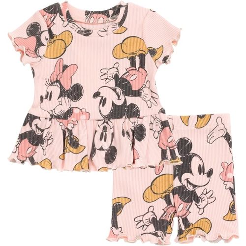 Disney Winnie the Pooh Minnie Mouse Lilo & Stitch Peplum T-Shirt and Bike Shorts Outfit Set Newborn to Big Kid - 12 Months - Minnie Mouse, Pink