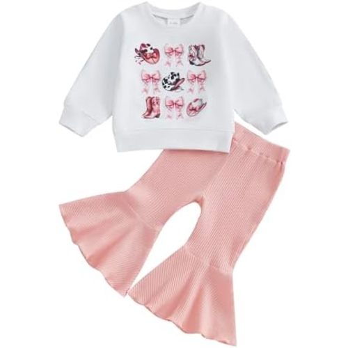 SAYOO Baby Girls Western Outfits Let's Go Girls Letter Print Retro Romper Ribbed Flared Pants Cowgirls Country Fall Clothes
