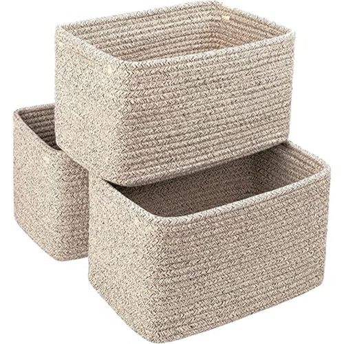 Small Cotton Rope Storage Basket Set of 3-11"x7"x7" Perfect Woven Baskets for Storage, Ideal Storage Baskets for Organizing Toys, Towels, and More - Baskets for Shelves and Home Decor(Beige)